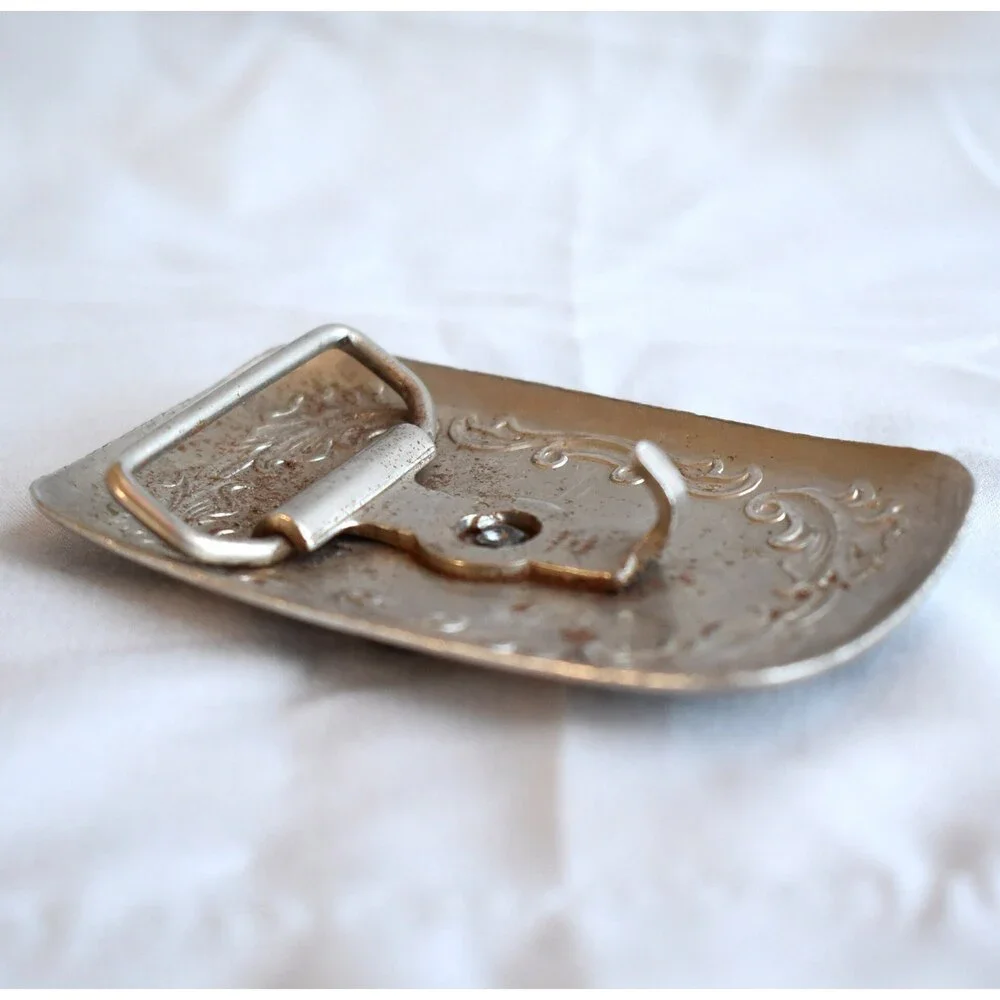 Vintage Belt Buckle‎ Horse Saddle Filigree Stamped Engraved Etched Western USA